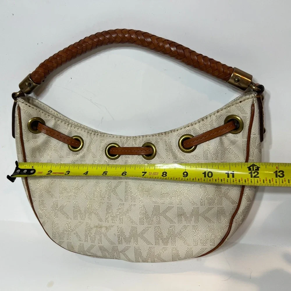 Michael Kors Signature MK Monogram Hobo Bag Cream Gold Braided‎ Leather Handle